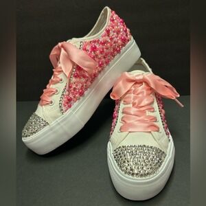 Prom Shoes Bling Pink White Embellished Casual Sneakers Womens Size 9
